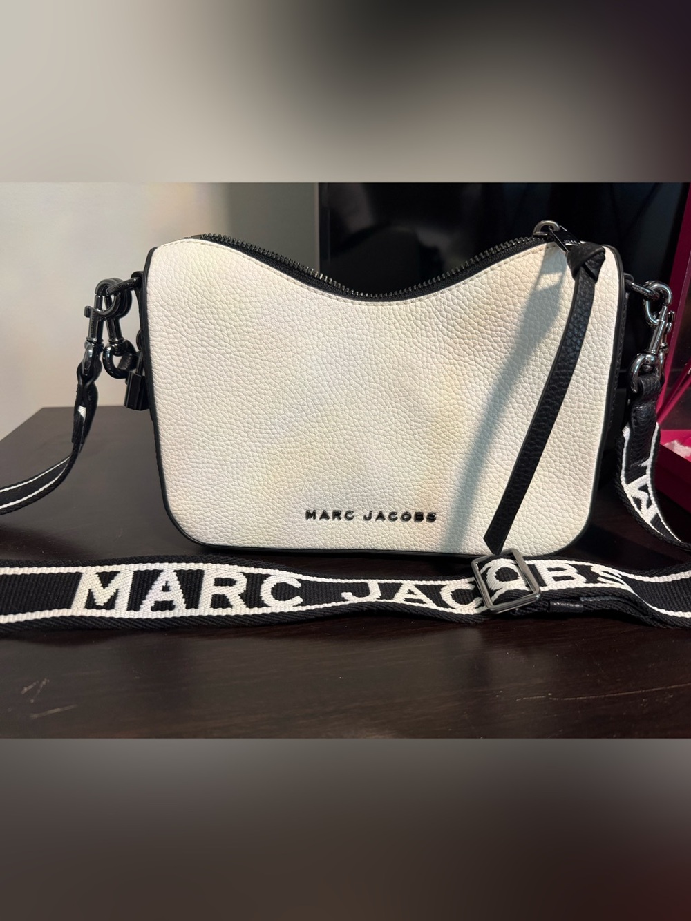 Marc Jacobs White Pebbled Leather Shoulder Bag with Logo Webbing Strap